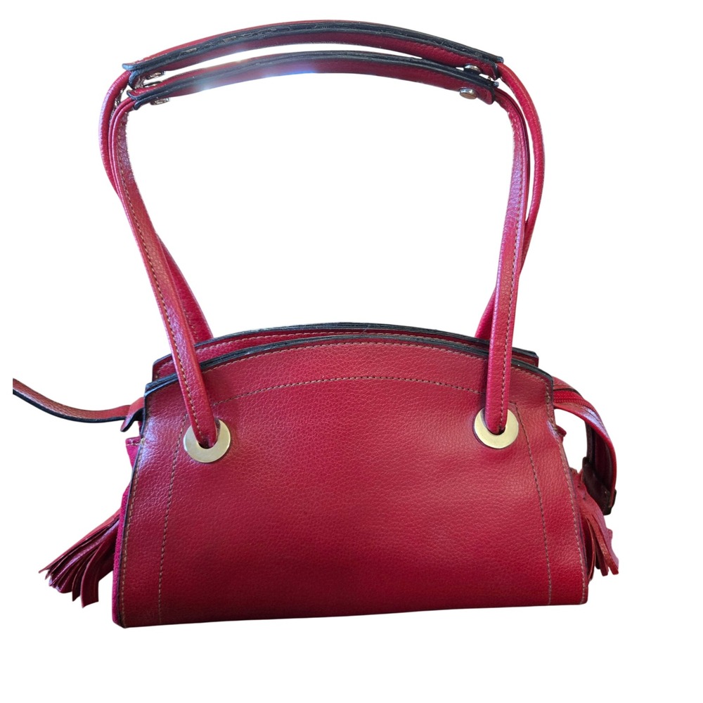 Red Pebbled Leather Tassel Shoulder Bag with Double Handles and Multiple Pockets